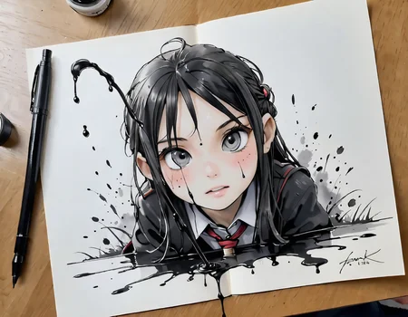 Ink Dripping Drawing of <lora:xlcarolism:1> , <lora:fhanddetailxl:1> , <lora:hand 5.5:1.5> , <lora:add-detail-xl:1.5>, , ink drawing, ink splash, ink wash, dripping ink