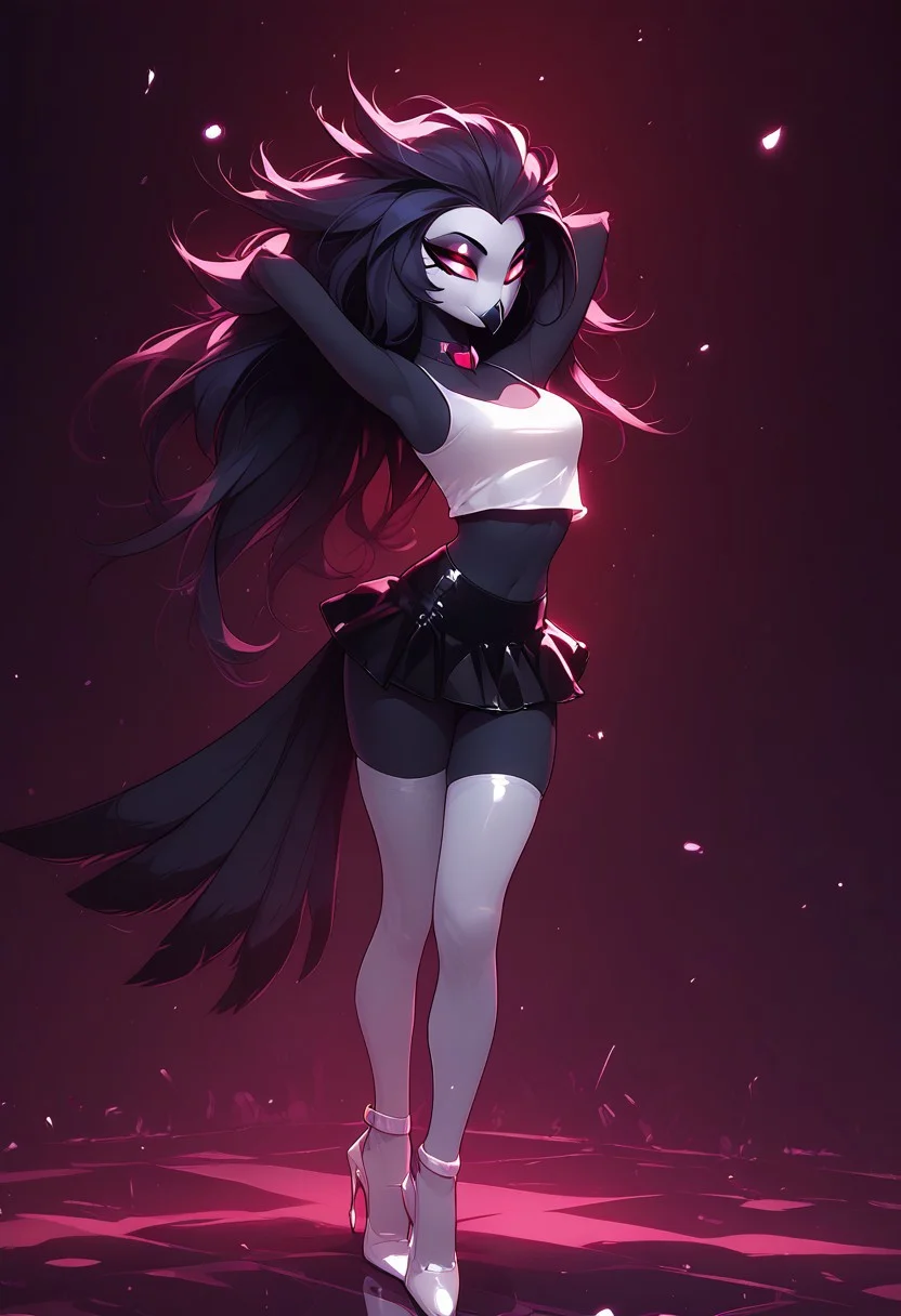 score_9, score_8_up, score_7_up, score_6_up, 1girl, solo, octavia, black avian bird demon owl owl_demon, beak, red sclera, black feathers, from helluva boss, anthro furry, long hair, nightclub outfit, tight white mini skirt, white tanktop, white thighhighs, white high heels, deep neckline, perfect face, perfecteyes, sexy, sexy girl, beautiful eyes,  dancing, dynamic angle, full body shot, red eyes, glowing eyes, pop star, singing, dramatic pose