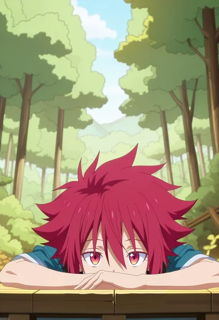 masterpiece, best quality, anime screencap, anime coloring, official style, , , 1boy, male focus, ruby eyes, red hair, textured crop hair,, solo, forest village, tree houses, leaf paths, wooden bridges, daily pose, content expression, morning, <lora:tensura_style_ilxl:1>, tensura_style,