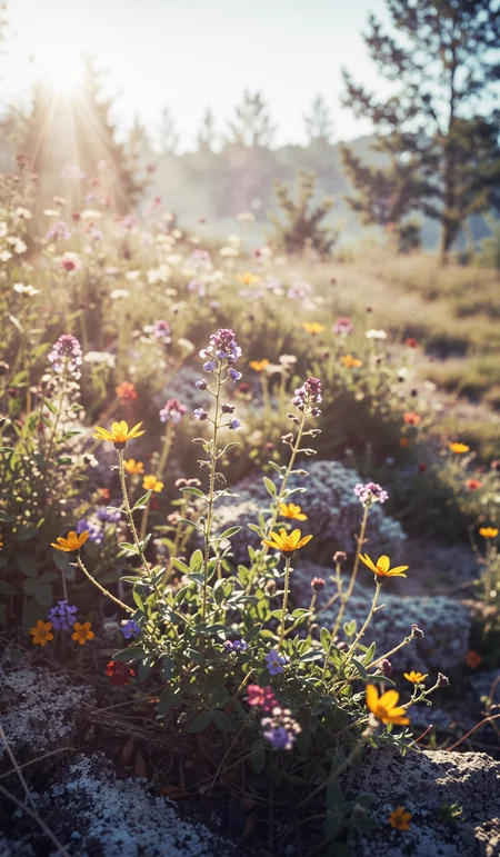 Wild flowers in a sunny spring day in eraly morning with mist, macro, closeup, selective focus. Dramatic unusual scene. Beauty world. Retro filter and vintage style. Instagram toning effect, breathtaking photograph, lensflare and bokeh effects, heavy film grain, shot on kodachrome with post-processing artifacts, reflecting particle effects, slight double exposure