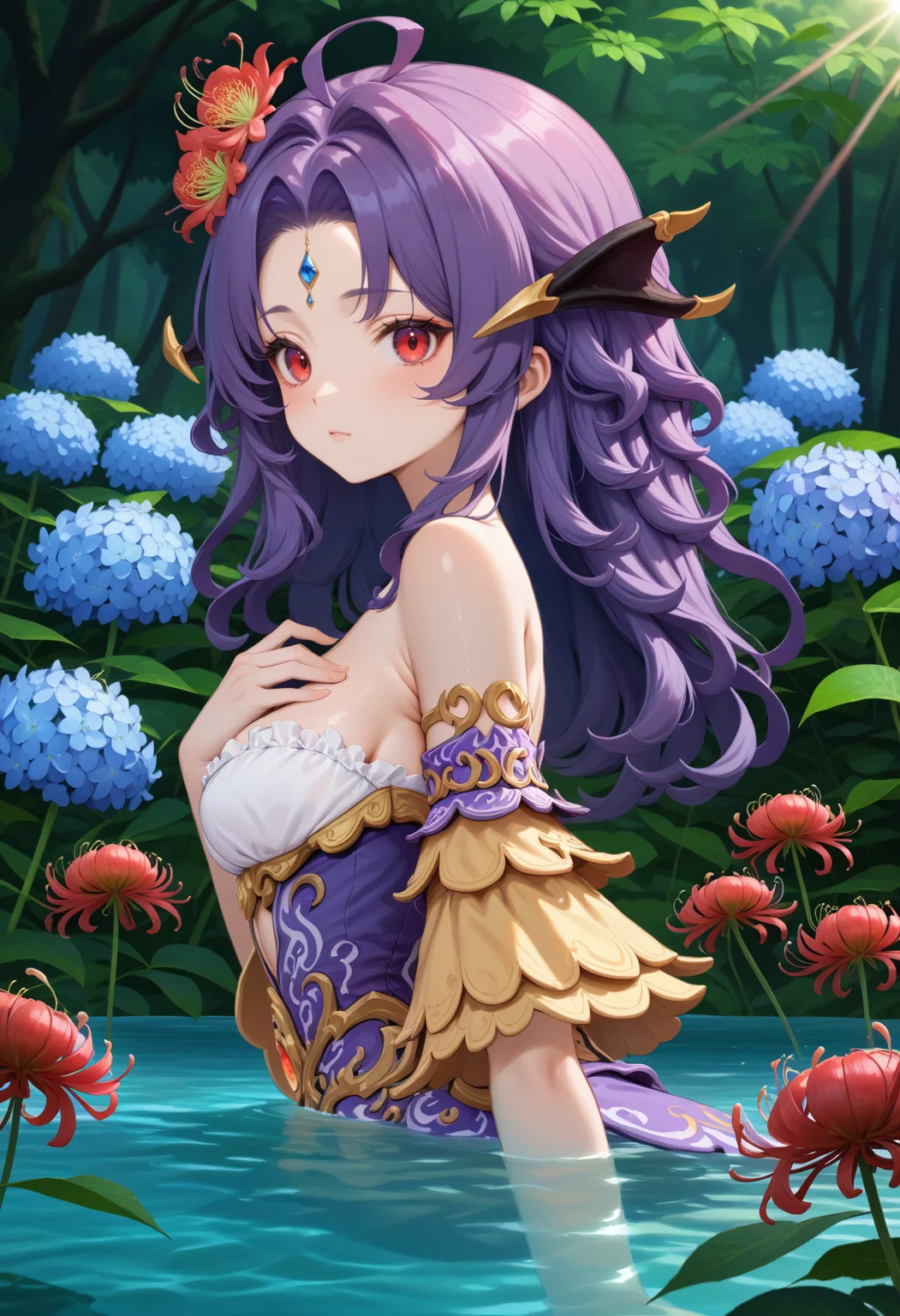 masterpiece, best quality, very aesthetic, absurdres, rom_nidhogg_xl,
1girl, purple hair, flower on head, red eyes, taking a bath,
from side, looking at viewer, cowboy shot, hand on own chest, mystical forest, spider lily, hydrangea, light rays, tyndall effect, vivid colors, tranquil and magical atmosphere,
shiny skin, beautiful face, beautiful eyes, extreme detailed, official art, professional illustration, hires,
<lora:rom_nidhogg_pony_xl:1>, <lora:aesthetic_anime_v1s:0.5>, <lora:add_details_xl:0.5>