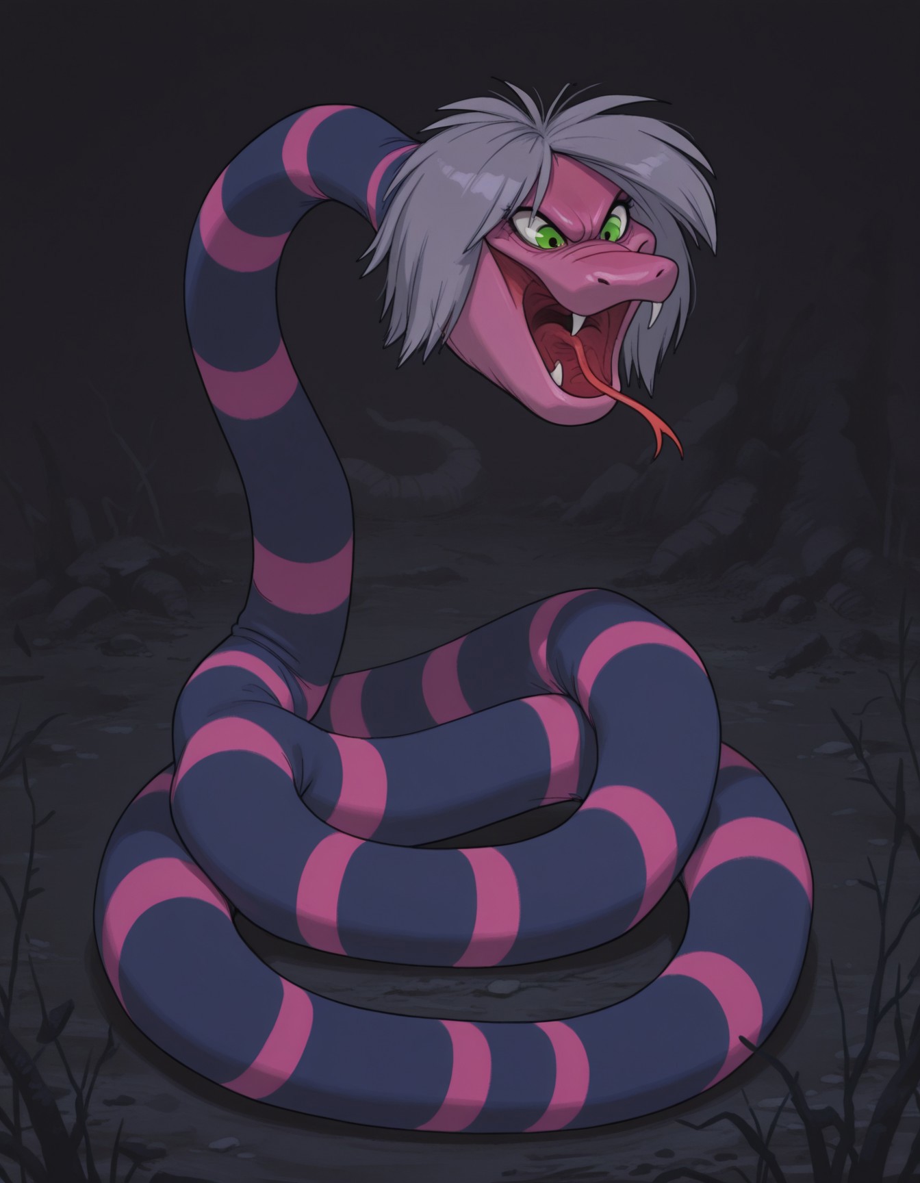 smooth quality, masterpiece, very intricate, high quality details, ultra realistic, high detailed skin, detailed environment, absurdres, solo, simple background, black background, color drain, erosrattlesnakemadammim, snake, striped body, purple and pink stripes, green eyes, grey hair, fangs, tongue out, animal, solo, lying, from above