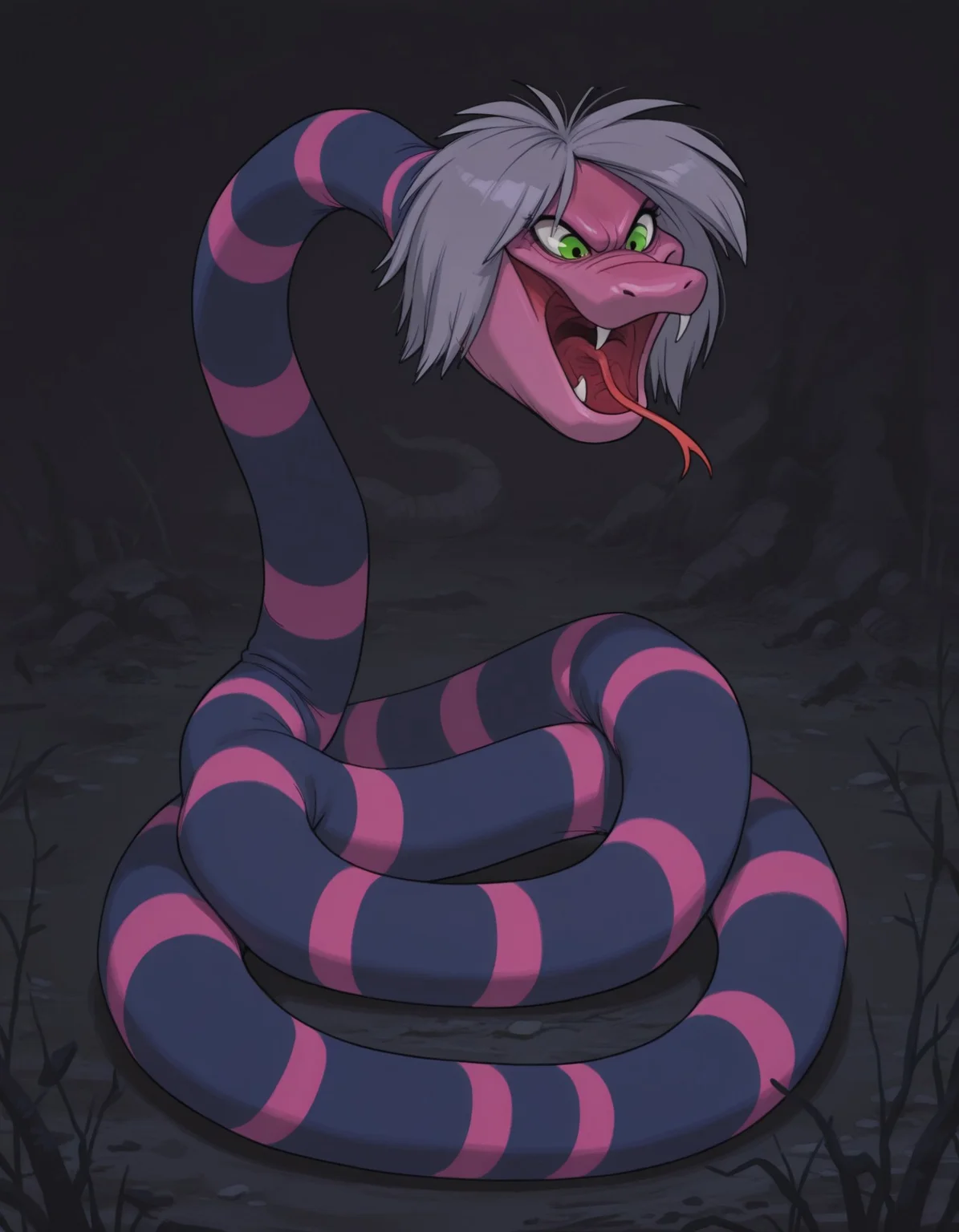 smooth quality, masterpiece, very intricate, high quality details, ultra realistic, high detailed skin, detailed environment, absurdres, solo, simple background, black background, color drain, erosrattlesnakemadammim, snake, striped body, purple and pink stripes, green eyes, grey hair, fangs, tongue out, animal, solo, lying, from above