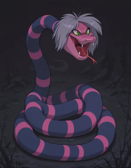 smooth quality, masterpiece, very intricate, high quality details, ultra realistic, high detailed skin, detailed environment, absurdres, solo, simple background, black background, color drain, erosrattlesnakemadammim, snake, striped body, purple and pink stripes, green eyes, grey hair, fangs, tongue out, animal, solo, lying, from above