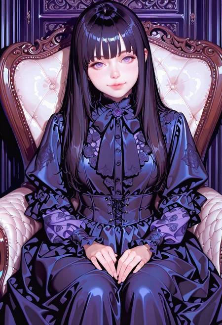 (((,masterpiece,amazing quality,best quality,ultra-detailed,8K,illustration, amazing quality, newest, absurdres, realistic))), vivid colors, ((source_realistic:1.6)), (score_9_up,score_8_up:1.3),score_6_up,score_7_up, BREAK 
1girl,looking at viewer,light smile,morimee_style,H31r3ss,cute face,black hair,purple eyes,laced patterns,black dress,victorian fashion,sitting,armchair,indoor,dark,gothic <lora:H31r3ss:1> <lora:MoriiMee_Gothic_Niji_Style_Illustrious_r1:1>