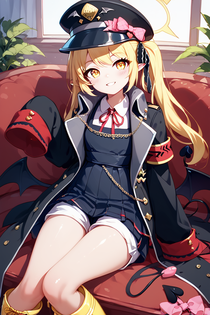 score_9, score_8_up, score_8, big breasts, fashion model, (curvy), eyelashes,       BREAK, , ,,, zzIbuki, yellow eyes, yellow halo, blonde hair, long hair, tail, side ponytail, horns, demon horns, black horns, hair ribbon, pointy ears, wings, demon wings, black wings, tail, demon tail, horns, black tail, demon horns, black horns, demon girl, low wings, hair ribbon, neck ribbon, black headwear, red ribbon, peaked cap, black coat, collared shirt, long sleeves, open coat, pinafore dress, sleeves past fingers, black dress, hat bow, white shirt, yellow footwear, boots, white shorts, oversized clothes, red armband, military hat, pink bow, <lora:Ibuki_BlueArchive_PDXL:0.8>,    ,,,, BREAK, ,,, smile, looking at viewer, blush, blurry, couch, sitting, ,,, shiny skin, <lora:ProAnime_PDXL_v1:0.7>, ,,, embedding:zPDXL, Expressiveh, <lora:SDXLFaeTastic2400:0.5>, <lora:Expressive_H-000001:0.4>,