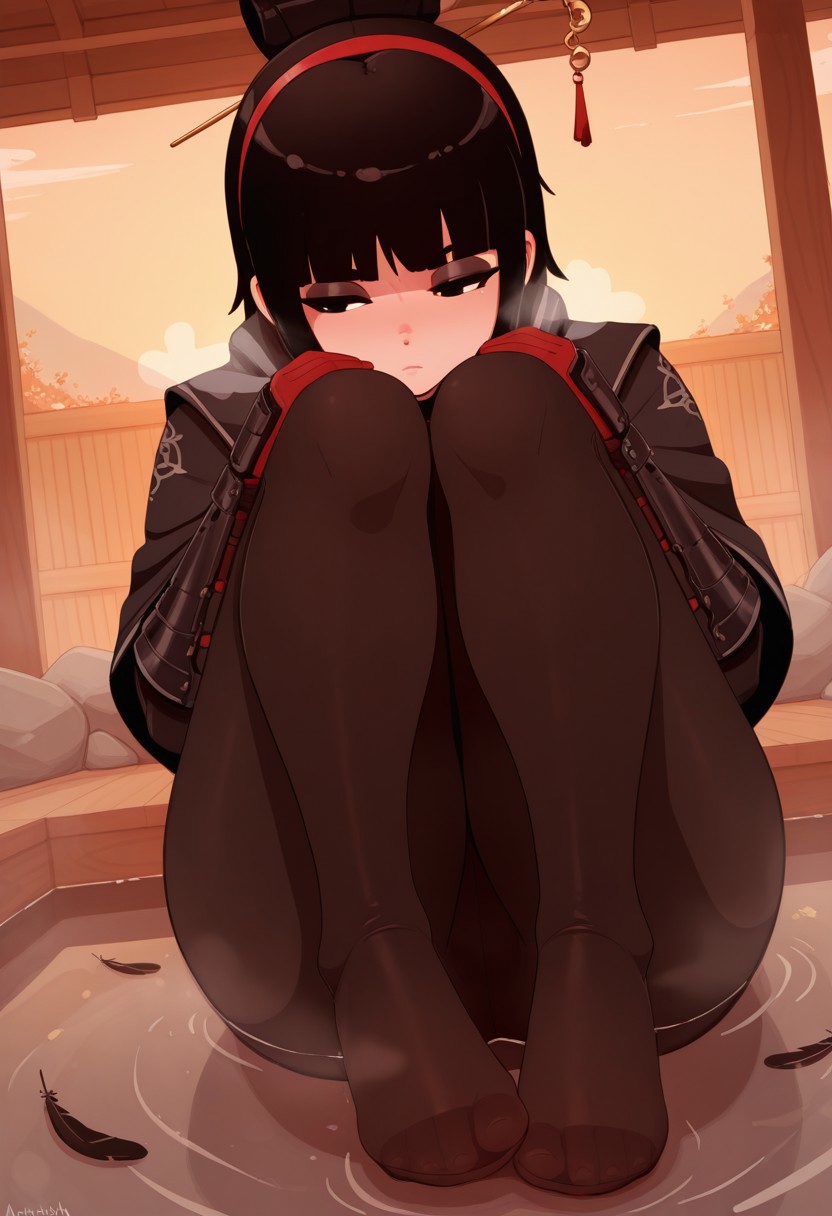 outdoors, undershirt, falling feathers, black bodysuit, hair stick, hugging knees, knees to chest, gauntlets, eyeshadow, red gloves, two sides up, black capelet, red hairband, black eyes, 1girl, solo, feet, visible breath, dynamic angle, foreshortening, smell, steam, onsen, water , nonamoth