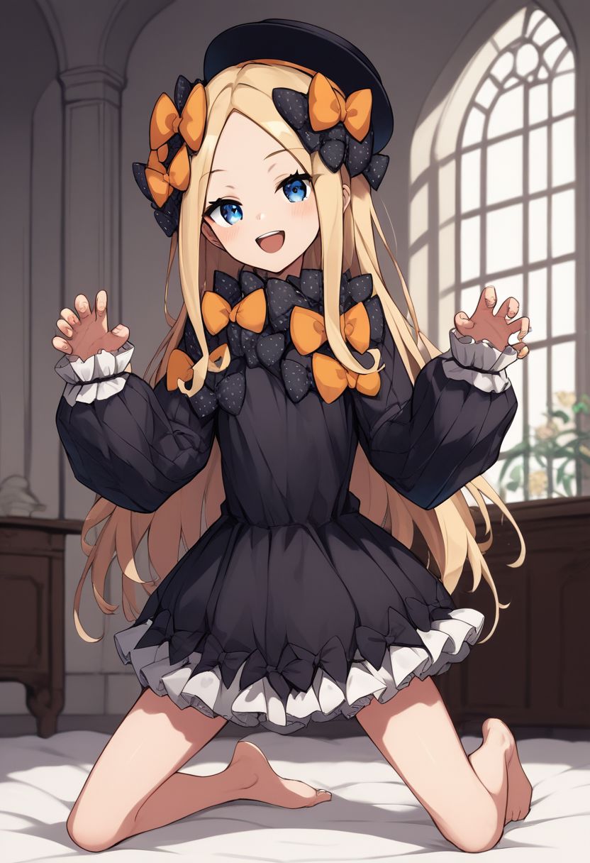 1girl, blonde hair, long hair, blue eyes, forehead, sidelocks, parted bangs, hair bow, polka dot bow, orange bow, black dress, long sleeves, sleeves past wrists, sleeves past fingers, bloomers, hat, indoors, seductive smile, barefoot,  kneeling, spread legs, claw pose, mansion <lora:abby_xl:1>, score_9, score_8_up, score_7_up, score_6_up, score_5_up, score_4_up, BREAK source_anime, masterpiece