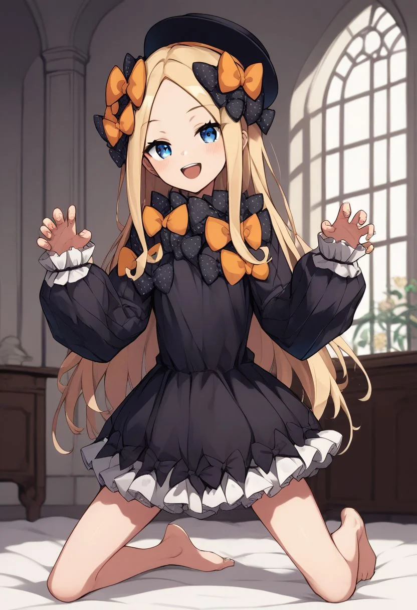 1girl, blonde hair, long hair, blue eyes, forehead, sidelocks, parted bangs, hair bow, polka dot bow, orange bow, black dress, long sleeves, sleeves past wrists, sleeves past fingers, bloomers, hat, indoors, seductive smile, barefoot, kneeling, spread legs, claw pose, mansion <lora:abby_xl:1>, score_9, score_8_up, score_7_up, score_6_up, score_5_up, score_4_up, BREAK source_anime, masterpiece