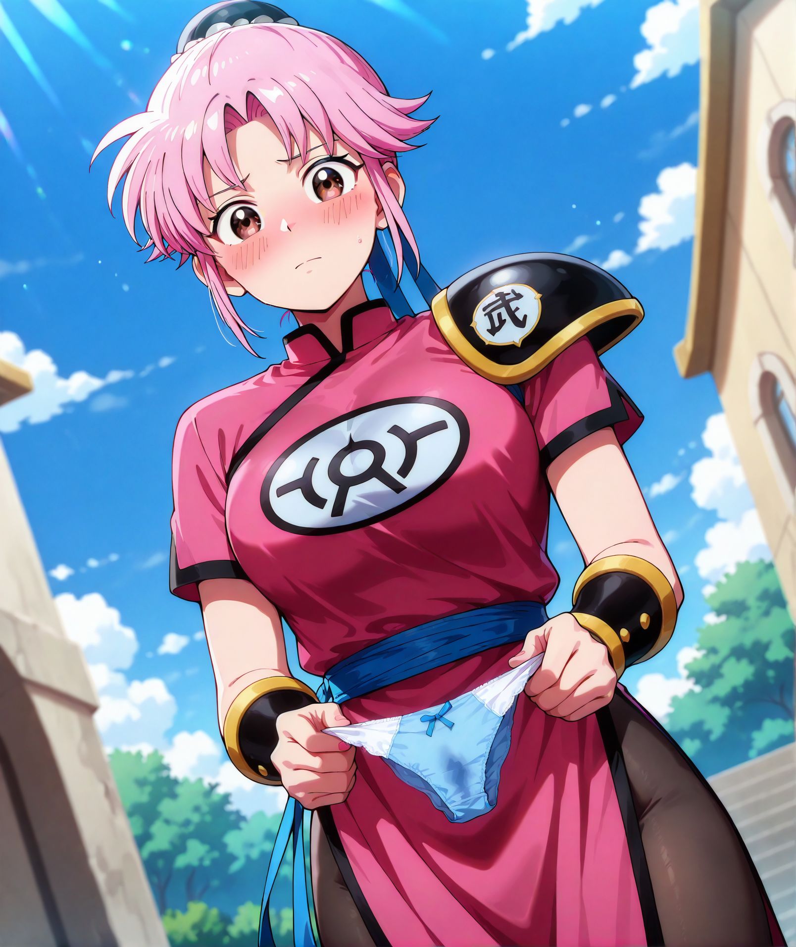 <lora:add-detail-xl:0.5>,,masterpiece, best quality, newest, absurdres, highres, detailed eyes, beautiful, detailed background, perfect eyes, anime coloring, anime screencap,
<lora:Holding_panties:0.5>Holding_pantiesV1,
1girl,panties,holding panties,blush,closed mouth, 
solo,holding,blush, looking at viewer, panties stains, 
holding panties with both hands,
short sleeves, 
Maam, 
 Battle Costume,  outdoors, sky, day, blue sky,  <lora:JN_Maam_Illus:0.8>
20YO, milf,adult,