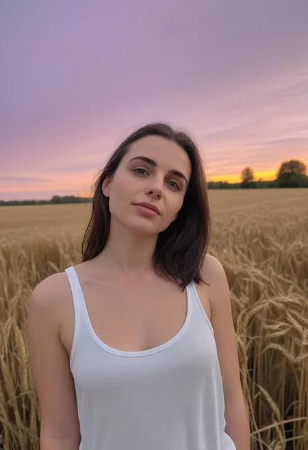 30yo american woman in a wheat field
Small eyes. Brown eyes.
Wearing white tank top. no makeup. Clear skin.  realistic skin style
Long dark black slick back hair. No makeup. Dusk, Street light. Looking at camera POV. Slight smile, tilting head.. Tilt head. Hands in head, face, lips.
Medium Close Up shot. Bokeh. Bokeh light. Sunset. yellow, purple sky.