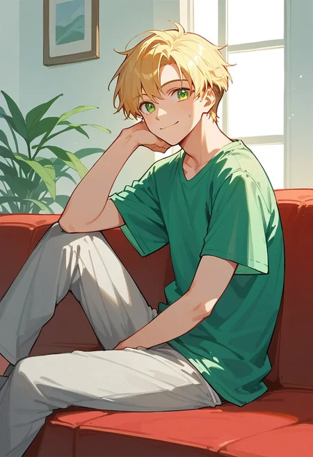 score_9, score_8_up, score_7_up, score_6_up, Aleshenka, masterpiece, best quality, BREAK 1boy, solo, open eyes, green eyes, green t-shirt, gray sweatpants, blonde hair, short hair, handsome, tall, smile, sitting on the red sofa, side view, looking at viewer, living room, simple background