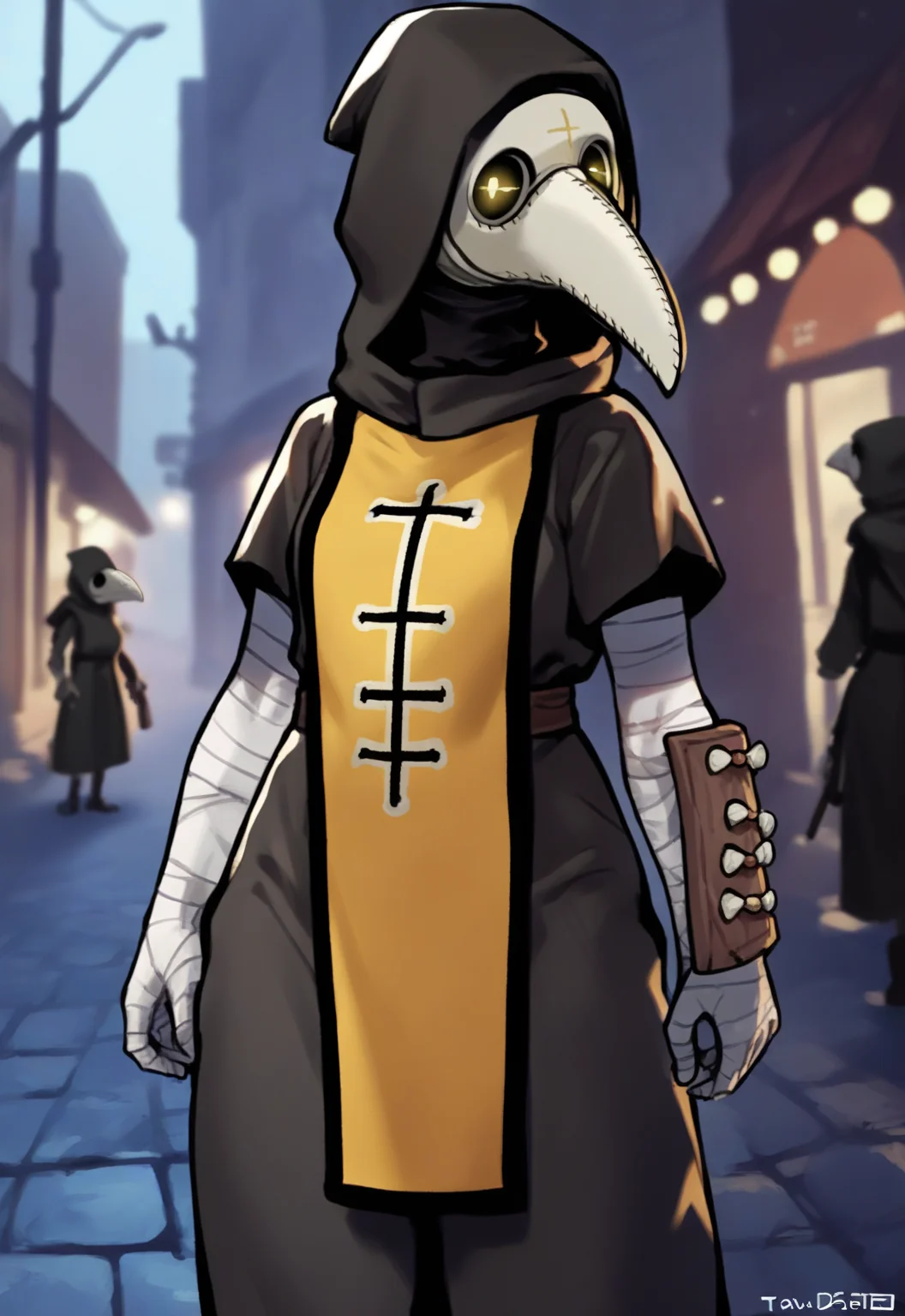 score_9, score_8_up, score_7_up, score_6_up, score_5_up, score_4_up, source_anime, source_furry, digital media \(artwork\), by ywu, 1girl, (mask, plague doctor:1.25), clothed, clothing, fully clothed, (tabard:1.2), female, hood, solo, standing, topwear, detailed background, outside, street, night, tabard, wraps, bandage, looking at viewer, frown
<lora:plaguedoctor_pdxl_:1>