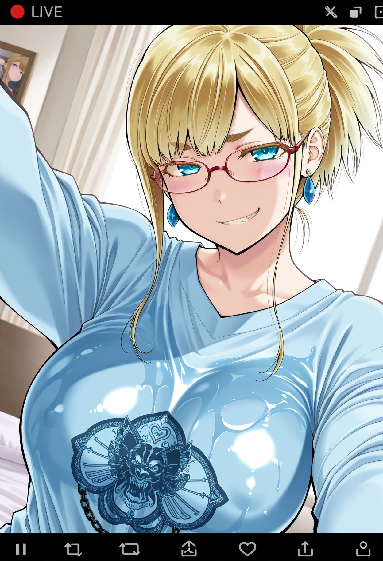 solo,
1girl, blonde ponytail, blue eyes, mascara, glasses, earrings, sharp face, sharp nose, big natural breasts,
oversize shirt, long sleeves, print shirt, chain,
sexy, pose smirk, bedroom, oiled, dynamic angle, selfie, showing boobs, livestream on screen, livestream hud, chat, hearts, comments, face focus,
 <lora:FunatsuKazukiIL-style:1>, funatsukazuki,masterpiece,best quality,amazing quality,