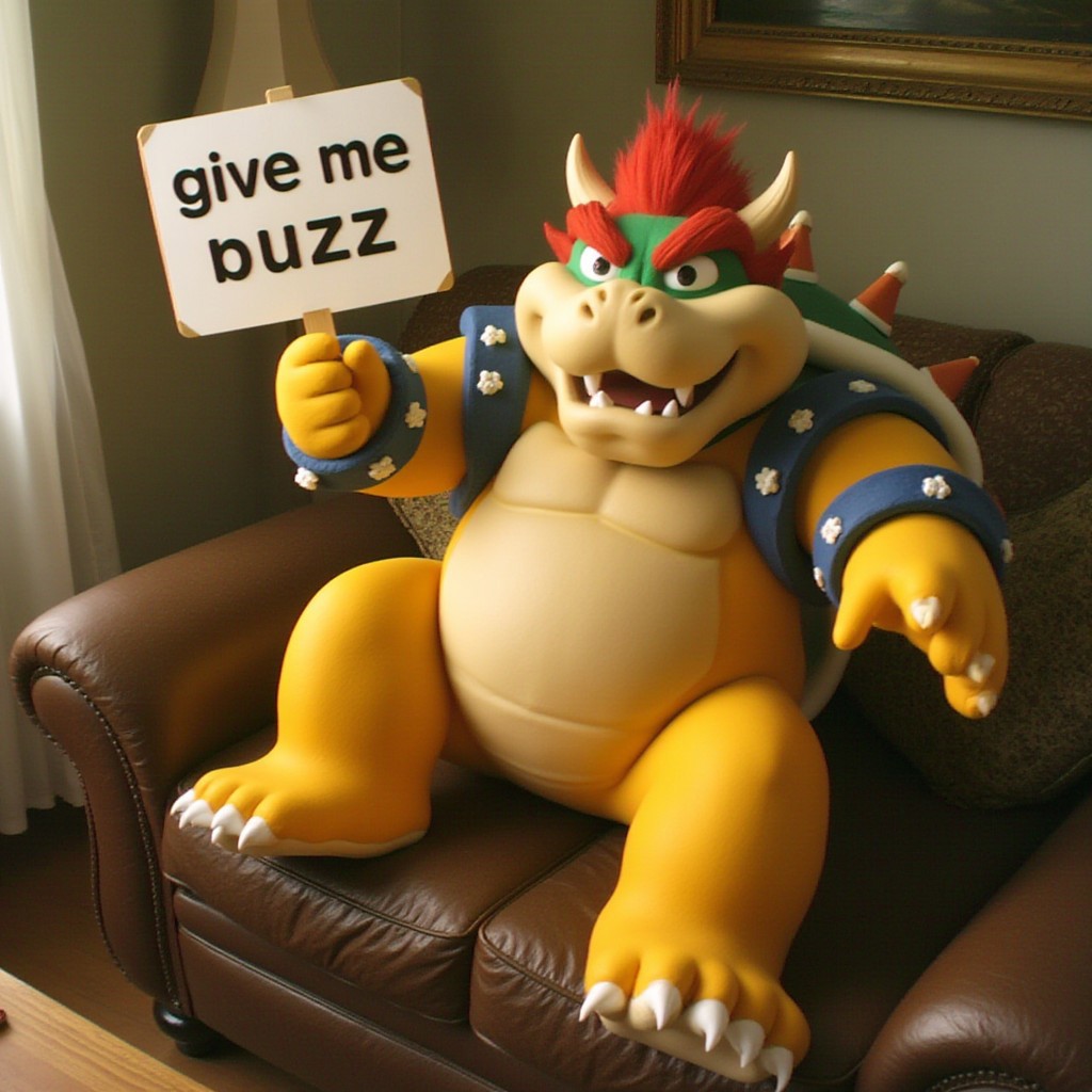 A photo of Bowser sitting on a couch taken by Kodak MC3 camera. He is holding up a sign that says "give me buzz"  <lora:Kodak_MC3_Style_F1D:1.2>