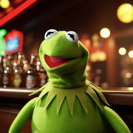 Kermit1024,a muppet frog, ((full body)), drink beer in a pub, neon lights sign "Kermit" , highly detailed, photography, ultra sharp, film, bokeh, professional, 4k <lora:add-detail-xl:1.5> <lora:Kermit1024:0.8>