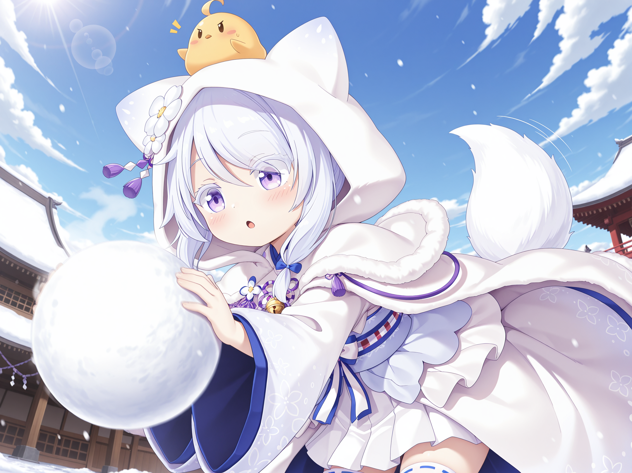 absurdres,highres,masterpiece,best quality,amazing quality,official anime artwork,outdoors,
anime screencap,(fisheye,lens flare abuse,Volumetric Lighting,reflection,Cinematic Lighting),
snow,temple,pagoda,steam,frosting,day,clear sky,
1girl,solo,dutch angle,close-up,
aged down,petite,oversized clothes,
leaning forward,blush,:o,
upper body,dynamic pose,motion lines,motion blur,
((manjuu \(azur lane\), manjuu on head)),
standing,holding snow ball,tail raised,tail wagging,
BREAK <lora:Uranami_AZ_illuV01_b3g2plw02c08_d16a8ppsf_lr800s2_rvs:1>,
Uranami_AZ,white fox ear hood,white hair,swept bangs,sidelocks,blue bow on sidelocks,purple eyes,white eyelashes,white flower ornament,japanese clothes,blue lapels,white fur trim cape,white flower,two-tone ribbon,purple tassel,neck bell,long gradient sleeves,wide sleeves,layered sleeves,white gradient overcoat,layered overcoat,floral print,blue-trimmed white sash,white pleated skirt,white frilled overskirt,white fox tail,white ribbon-trimmed thighhighs,