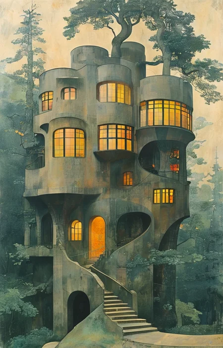 masterpiece,best quality,<lora:tbh312-sdxl:0.9>,illustration,designed by Adolf Loos Whimsical treehouse complex in a lush forest, channeling the spirit of Antoni Gaudí