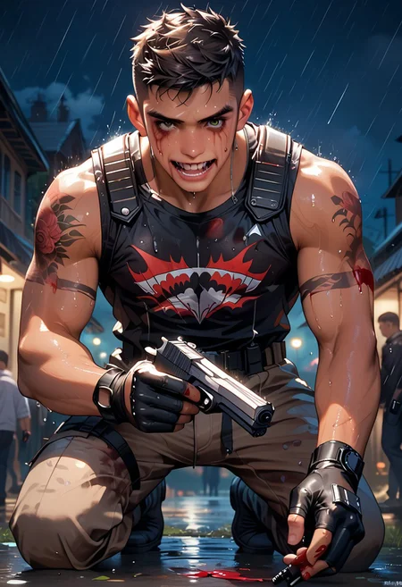 score_9, score_8_up, score_7_up, aaPO8il, masterpiece, best quality, highly detailed, (masterpiece, best quality, highly detailed), very detailed face, hyperrealistic, (UHD quality details),1man, murderer,tattoos, kneeling,(holding up a pistol:1.8), wet, sweaty, aroused, moaning, dirty dumping ground, 2boys, stringing, stringy, face focus, (scary:1.8), dark night, buzzcut, (bloody:1.9), (black glove:1.3), handsome, (tanned skin),bara, handsome,raining, cute
