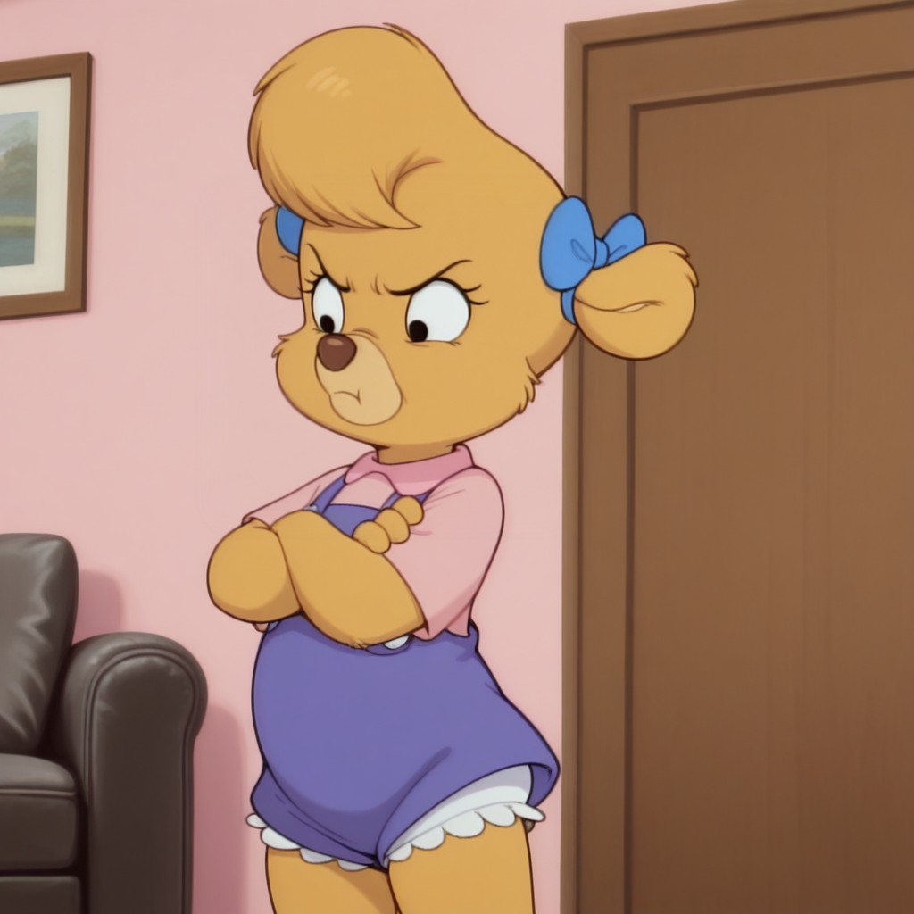 masterpiece, best quality, amazing quality, m011ycham, female, furry female, solo, anthro, young, bear, yellow fur, short hair, black eyes, eyelashes, tan muzzle, brown nose, claws, short, blue hairbows, pink shirt, blue overalls, buttons, white bloomers, standing, upset, pout, crossed arms, indoors, living room