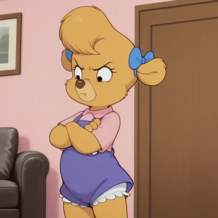 masterpiece, best quality, amazing quality, m011ycham, female, furry female, solo, anthro, young, bear, yellow fur, short hair, black eyes, eyelashes, tan muzzle, brown nose, claws, short, blue hairbows, pink shirt, blue overalls, buttons, white bloomers, standing, upset, pout, crossed arms, indoors, living room