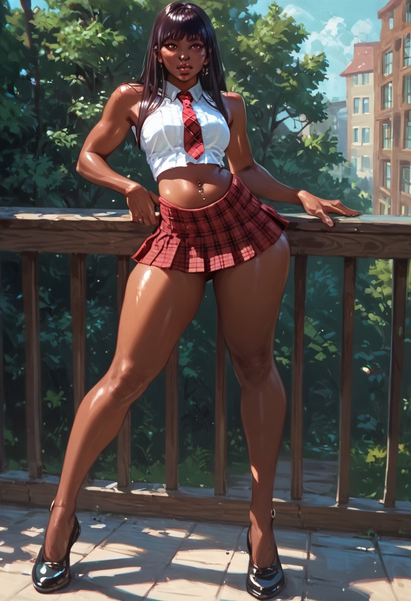 score_9, score_8_up, score_7_up, score_6_up, score_5_up, 1girl, white sleeveless shirt, red plaid skirt, short skirt, full lips, gigantic round boobs, brown long hair, fringe hair, brown eyes, dark skinned, huge butt, standing, high leg, red plaid tie, dark skinned, long legs, orest in background, on balcony, belly button piercing, College Outfit,