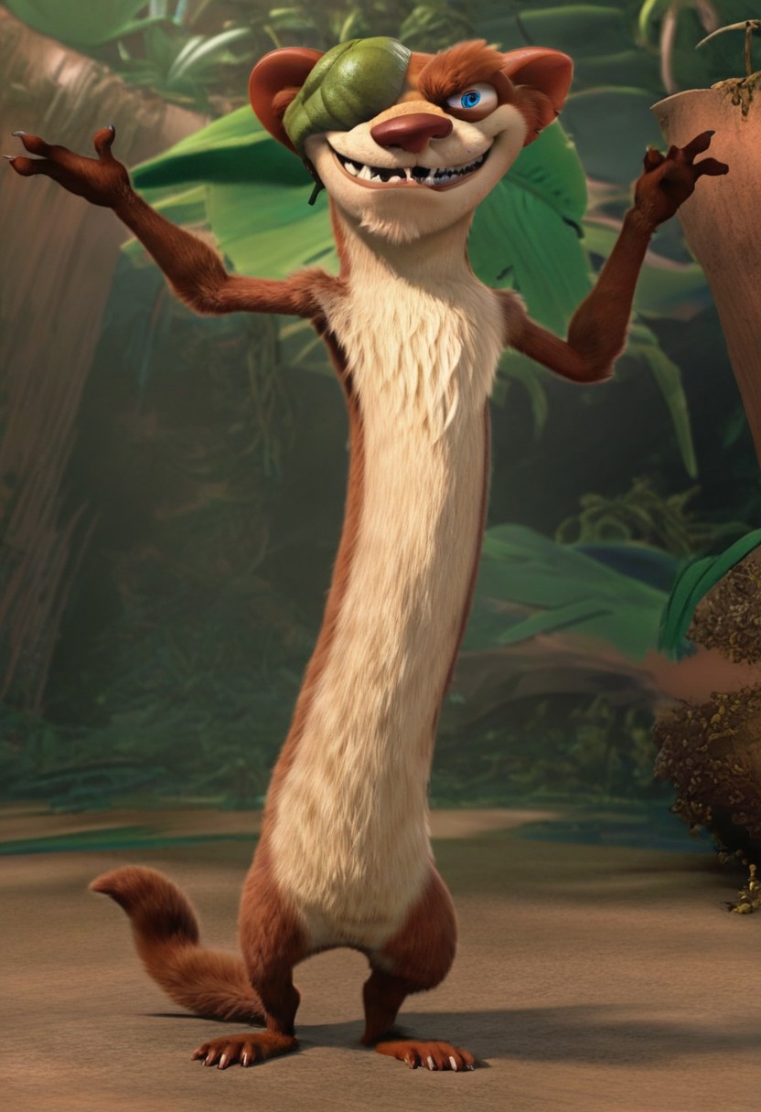 male, solo, buck, buck wild, buck_(ice_age), Buckminster, weasel, brown skin, white yellow counter shading, leaf eye patch on right eye, leaf eye patch, blue eye, weasel tail, underbite, fang, eyebrow, 
masterpiece, extremely detailed, 
jungle background, on branch, leaf, plant, standing, tree, tropical rainforest, 
furry male, finger claws, toe claws, 
sfw, dramatic pose, grin, looking at viewer