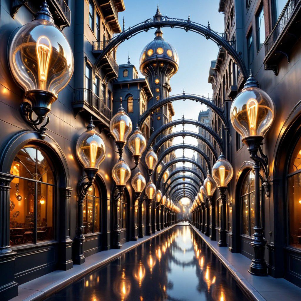 retro town street, outdoors, buildings, LIQUID METAL oval biopunk ornaments on steel columns,  light bulbs, art nouveau ornaments on glass fancy walls,  epic, colossal,Spiral Effect, steampunk, bridges