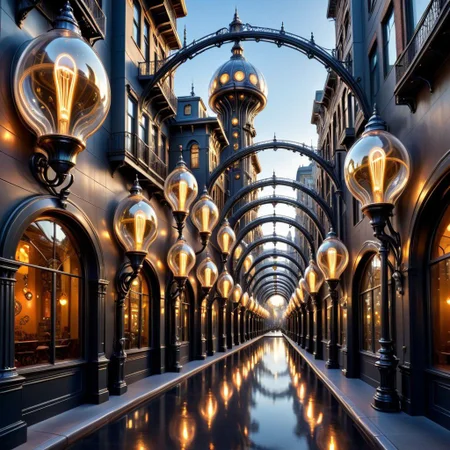 retro town street, outdoors, buildings, LIQUID METAL oval biopunk ornaments on steel columns,  light bulbs, art nouveau ornaments on glass fancy walls,  epic, colossal,Spiral Effect, steampunk, bridges