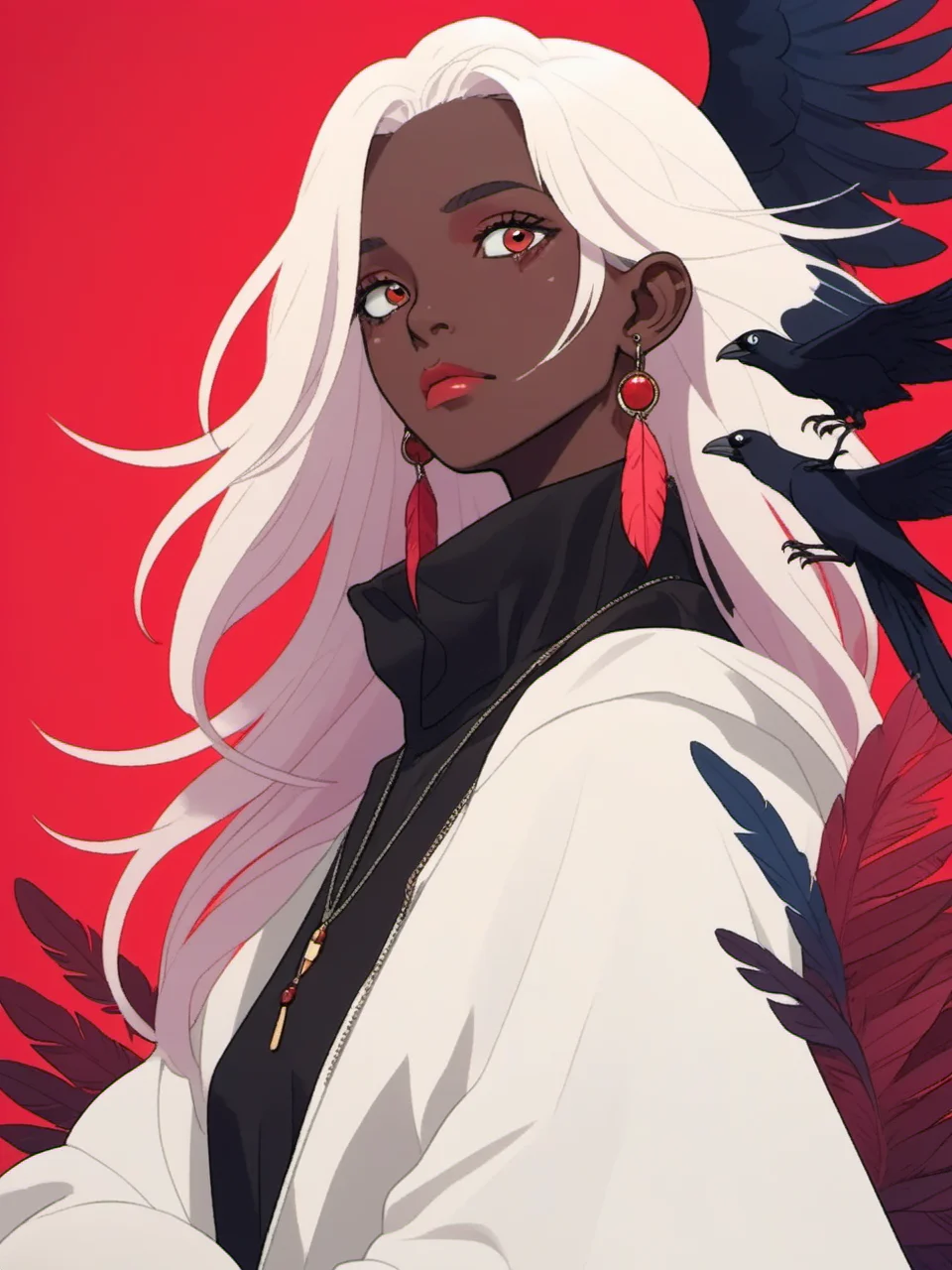 feathers, red_sky, crow, dark_skin, earrings, two-tone_hair, white_hair, asymmetrical_hair, jewelry, multicolored_hair, 1girl, looking_at_viewer, jewelry, bangs, bird, hood, extra_eyes, earrings, red_wings, female_focus, gradient background, <lora:niniv2:0.7>