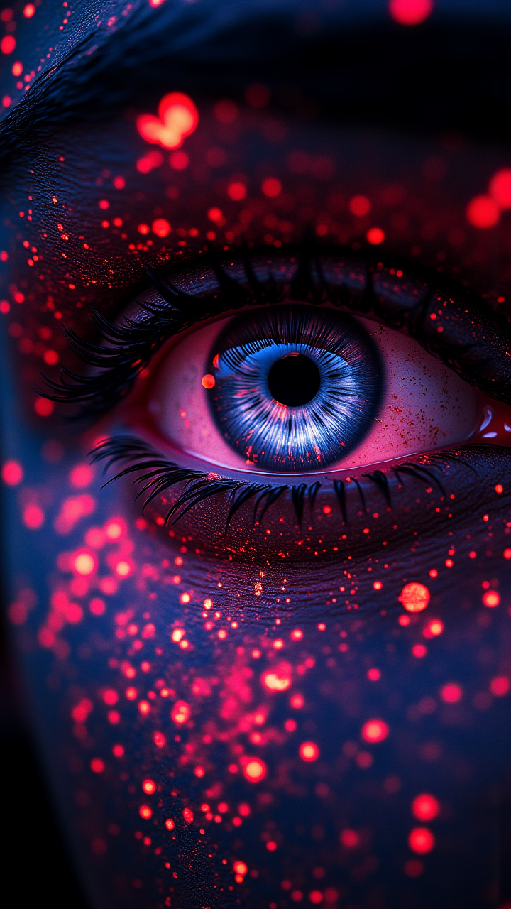 fluorescent, glowing dust, fluorescent dust, fluorescent spraypaint, fluorescent grain, fluorescent make-up, glowing eyes, dust, cinematic film still of a beautiful macro eye close-up, bright eye, photorealistic, 100mm f/2.8 macro lens, glow, glowing (masterpiece, award winning artwork) many details, extreme detailed, full of details,  fluorescent, fluorescent dust, fluorescent spraypaint, glowing dust      , aidmaMJ6.1