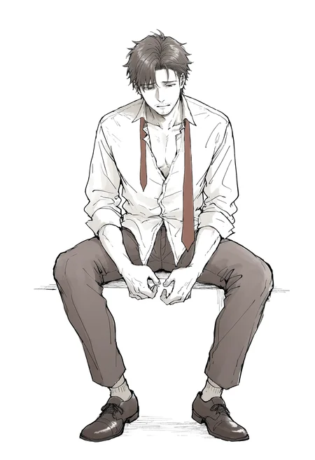 masterpiece,best quality,
1boy, male focus, solo, necktie, sitting, shirt, undone necktie, facial hair, loose necktie, pants, shoes, short hair, full body, collared shirt, socks,
simple background, white background,
nnk, <lora:nnk_IllustriousXL_v1.0:0.7>