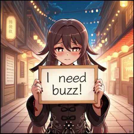 masterpiece,best quality,amazing quality,1girl, hu tao, genshin impact, sad, need_buzz, holding sign, night time, chinese street, lights, KarboStyle