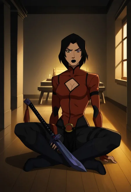 1girl, score_9, score_8_up, score_7_up, masterpiece, high quality, western cartoon, very detailed, cinematic illumination, volumetric lighting, full color picture, vibrant colors, solo, alone, cute face, pretty face,
ladyshiva, 1girl, black hair, brown eyes, medium hair, black lipstick, makeup, collared bodysuit, red bodysuit, collared bodysuit, cleavage cutout, arm strap, fingerless gloves, belt, thigh straps, black pants, front pelvic curtain, boots,
full body, facing forward, sitting on floor, crossed legs, looking down, holding sword, weapon, sheath, cleaning sword,
indoors, temple, mood lighting,
