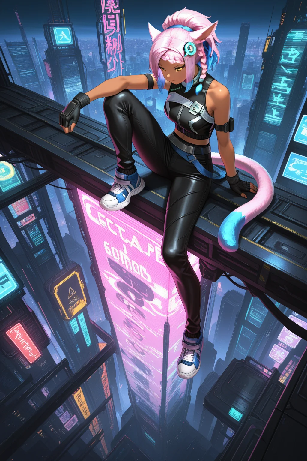 masterpiece, best quality, amazing quality, absurdres, eutropecatgirl, dark skin, dark-skinned female, two-tone hair, side braid, pink hair, blue hair, yellow eyes, cat ears, cat tail, solo, serious, sitting, arm on knee, looking down, very wide shot, from above, black top, fingerless gloves, black pants, sneakers, outdoors, science fiction, neon lights, cityscape, skyscrapers