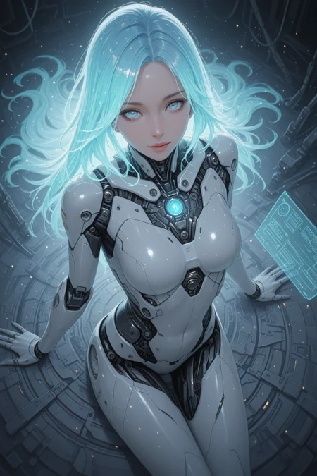 embedding:lazypos, science fiction, 1girl, android, holographic interface, glitter, light particles, faint lighting, glowing, ethereal, neon hair, glowing hair, long hair, looking at viewer, relaxing, from above, dynamic angle