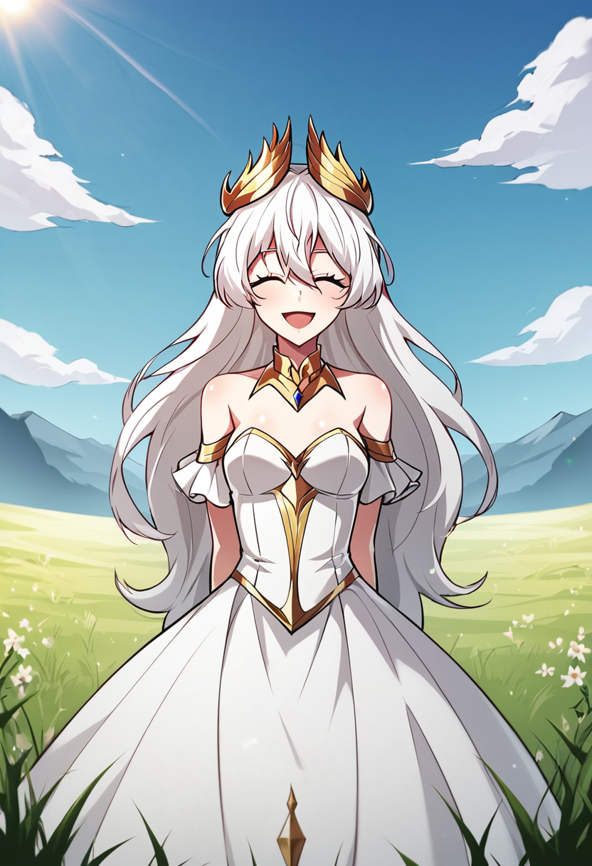 friacis, white hair, closed eyes, loose hair,long hair, teen, webtoon,manhwa, small breasts, royal_dress, royal_gold_crown
BREAK
outdoor, field of grass, sun, blue sky
BREAK
cowboy shot, looking at viewer, standing, happy face, open mouth, smile, front view, arms behind back
BREAK
best quality, masterpiece,score_9, score_8_up, score_7_up, perfect hand, , source_anime, manhwa, webtoon, zPDXL, <lora:Friacis:0.8>