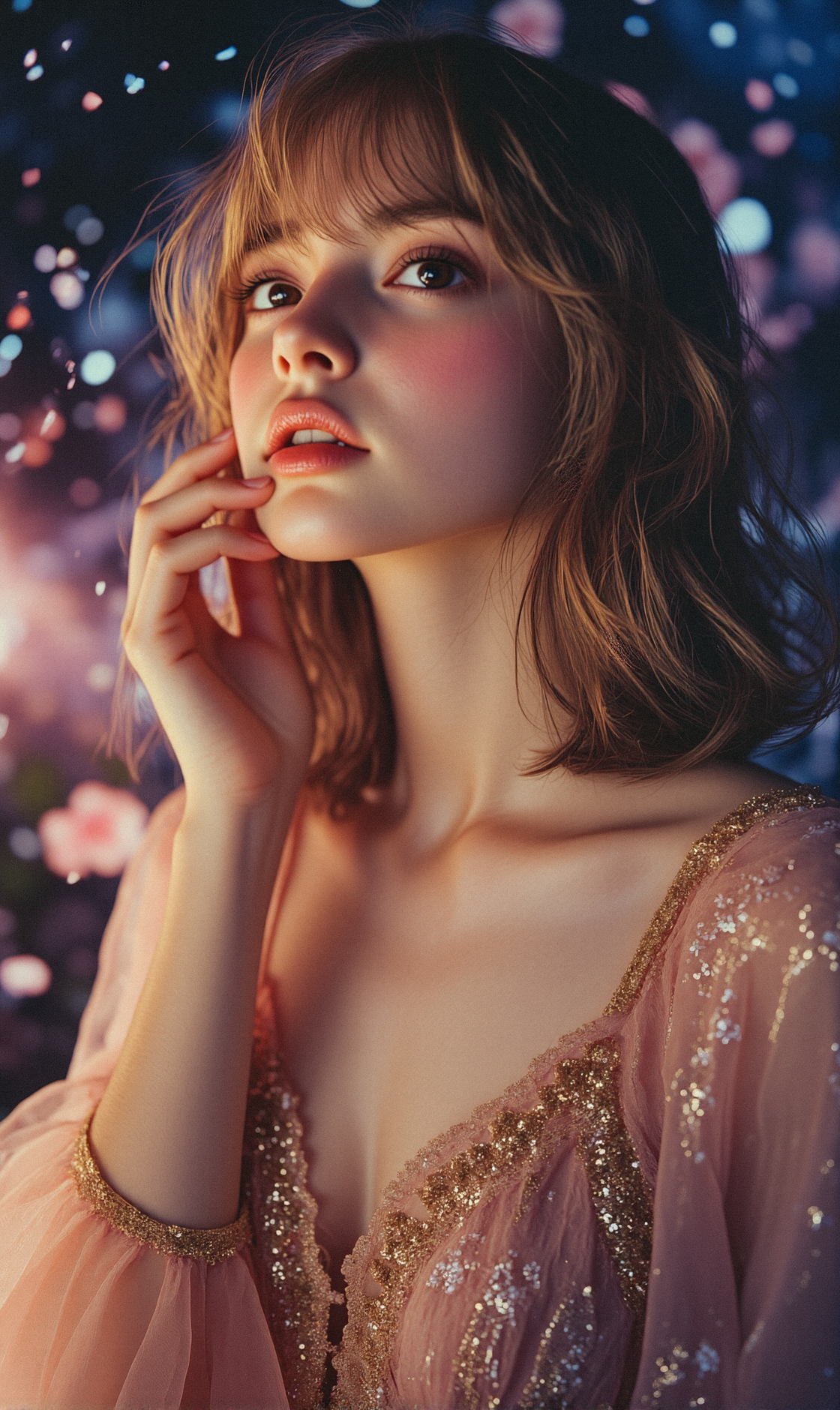 A photorealistic depiction of A gorgeous woman, OBbllai with light brown eyes and asymmetrical golden hair, her glossy lips and skin meticulously detailed. She wears a glittering, intricately designed dress, The background is a dimly lit galaxy backdrop filled with swirling particles, wind, and flowers. Her divine aura and voluptuous body are highlighted beautifully.

With one arm gently holding a flower to her face, her eyes gazing softly at the swirling stars.


Visual Aesthetics:
Subtle underlighting, making her face appear more mysterious and divine.
Glossy lip reflections, catching the faint light in the dim galaxy backdrop.
Nebulae swirling in the background, with soft hues of pink and purple.
Sparkling particles of space dust, twinkling softly around her.
Gentle wind moving her short hair, giving a soft, natural motion.
Layered chiffon dress, each layer catching the light differently.
Detailed iris patterns, capturing the light and swirling galaxy in her eyes.
Intricate gold patterns on her dress, glowing faintly in the low light.
Detailed highlights on her hair strands, reflecting the galaxy's light.
Dim galaxy light, with soft glows from distant stars.
Dim lighting enhancing the shadows, creating depth while keeping the focus on her.










