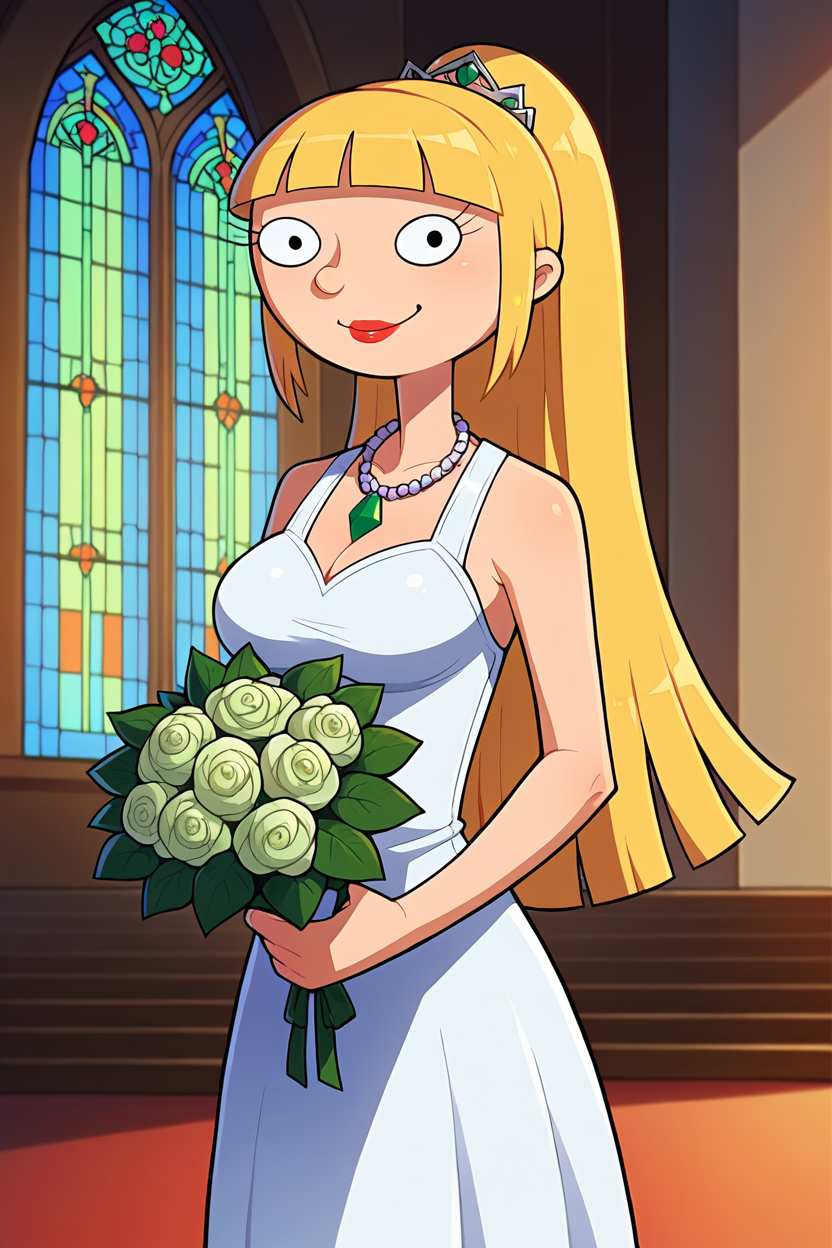 score_9, score_8_up, score_7_up, score_6_up, BREAK official style, olga pataki,1girl, solo,standing, blonde hair,long hair, ponytail,blunt bangs,red lips, black eyes,  wedding dress, necklace,green gemstone, indoors, church, altar,crowd,looking  at viewer,smile,medium breasts,holding bouquet, round nose    <lora:OlgaPony:1>