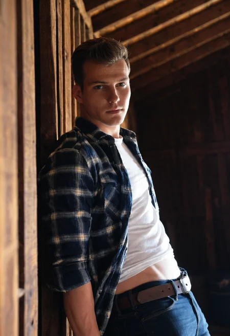mdjperson <lora:mdj_sdxl_v1-000008:0.8> posing confidently against a wall with light filtering through in a rustic barn, direct gaze, beams of light filtering behind him through wooden slats, wearing an open plaid flannel shirt over a fitted white tee, dark jeans, belt, warm natural lighting, cinematic vibe, shallow depth of field, shot on DSLR, sharp focus, realistic textures, editorial photo style,masterpiece, 4k, ray tracing, intricate details, highly-detailed, hyper-realistic, 8k RAW Editorial Photo