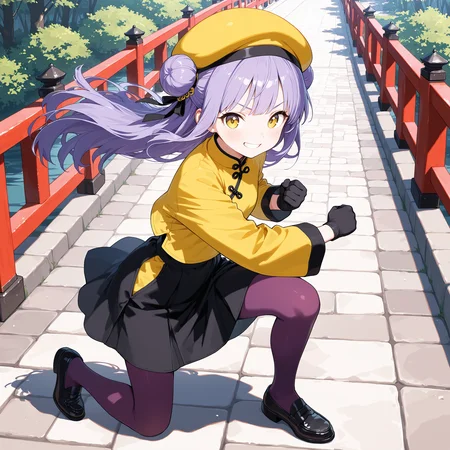 (masterpiece),(best quality),(ultra-detailed),(best illustration),(best shadow),(absurdres),(detailed background),(very aesthetic), 1girl, solo, <lora:ReinV2:0,8>, rein, purple hair, yellow eyes, long hair, hair buns, yellow hat beret, yellow chinese clothes, black skirt, midi skirt, knee-length skirt, purple pantyhose, black loafers, black silk gloves, cobblestone, martial arts, looking at viewer, grin, chinese background, red bridge, wind, from side