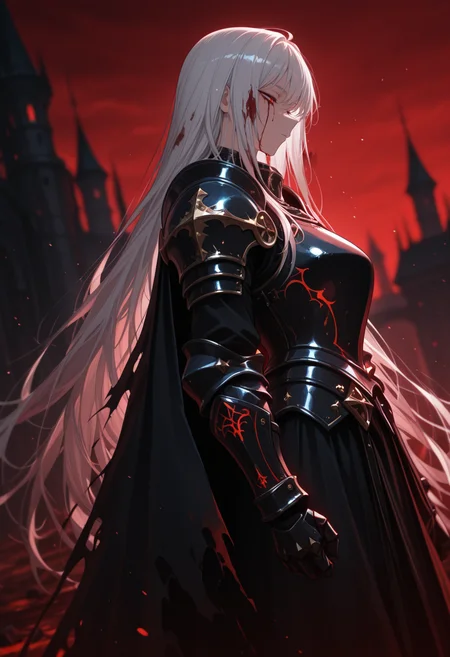 (masterpiece, best quality:1.2), amazing quality, very aesthetic, 32k, absurdres, newest, scenery,
1girl, solo, long hair, very long hair, white hair, sky, cape, armor, from side, torn clothes, blood, shoulder armor, gauntlets, pauldrons, blood on face, breastplate, red theme, castle, black armor, torn cape, red sky, blood from eyes, blood in hair, shiny clothes, mature female, serious, half-closed eyes,
,dutch angle, dark background, (night:0.8), blurry background, glowing light particles, depth of field <lora:PHM_style_IL_v3.3:1.0>