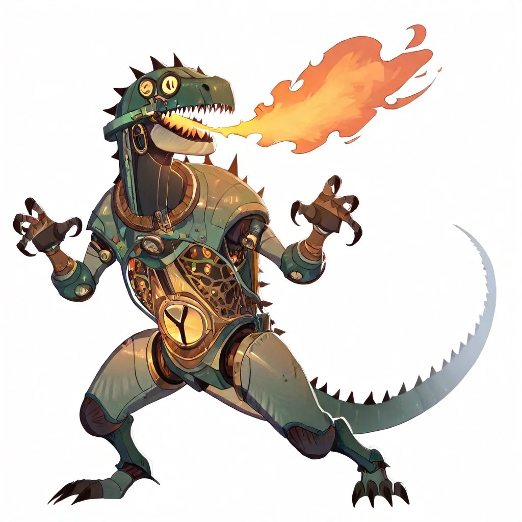 afkJourneyStyle, amazing quality, masterpiece, great quality, high detail, hdr, high definition, simple background, white background, full body, mechanical creature, steampunk, steampunk body, giant creature, animal body, dinosaur helmet, green mechanical eyes, dinosaur pose, breathing fire, bronze texture, attacking, running pose, giganotosaurus-like