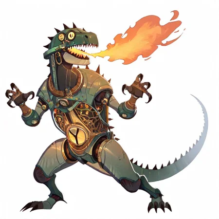 afkJourneyStyle, amazing quality, masterpiece, great quality, high detail, hdr, high definition, simple background, white background, full body, mechanical creature, steampunk, steampunk body, giant creature, animal body, dinosaur helmet, green mechanical eyes, dinosaur pose, breathing fire, bronze texture, attacking, running pose, giganotosaurus-like