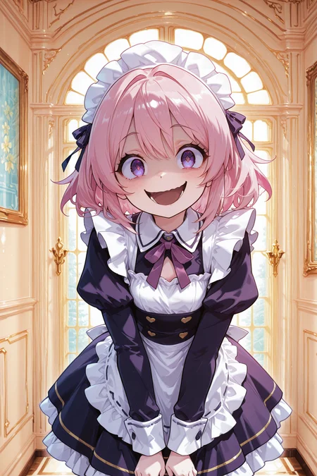 <lora:Shinsuke_Komaki_artist_style:1>
indoors, in a mansion,
1girl, solo, crazy smile, looking at viewer, standing
<lora:CivChan:0.8> CivChan, purple eyes, pink hair,