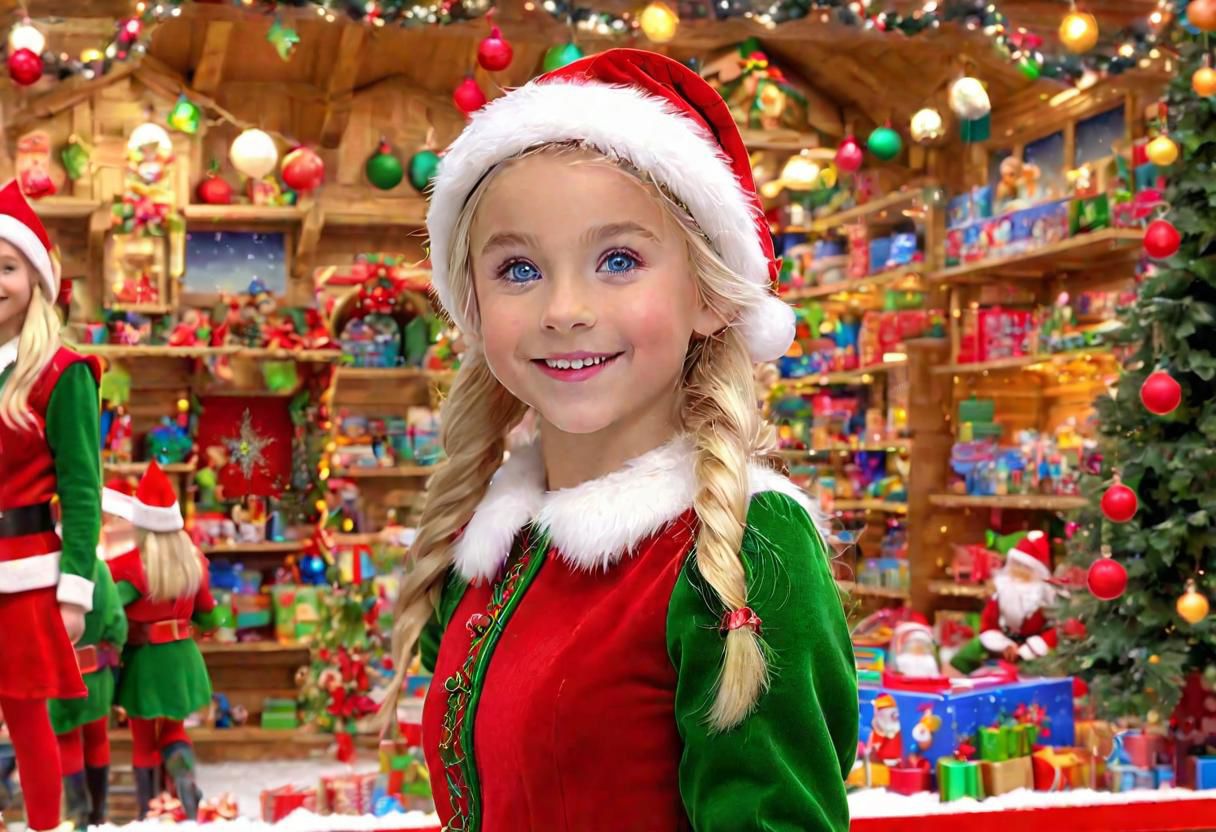 (((masterpiece))), ((Snowy Christmas scene in santas toy shop with beautiful blond haired girl facing the camera with iridescent blue eyes)), medium shot, background:snowy Christmas scene, ((Santas Elves Making Toys and christmas lights lit up around the toy shop)), (happy elves smiling and walking around toy shop enjoying the Christmas spirit), complex 3d render, intricate reflections, ultra-detailed, HDR, Hyperrealism, Panasonic Lumix s pro 50mm, 8K, octane rendering, raytracing, (((professional photography))), high definition, photorealism, hyper-realistic, bokeh, depth of field, dynamically backlit,  studio, vibrant details, ((professional Color grading)), photorealistic ,detailmaster2,photorealistic, sharp edges,  sharp focus <lora:locon_perfecteyes_v1_from_v1_64_32:1> <lora:more_details:1>