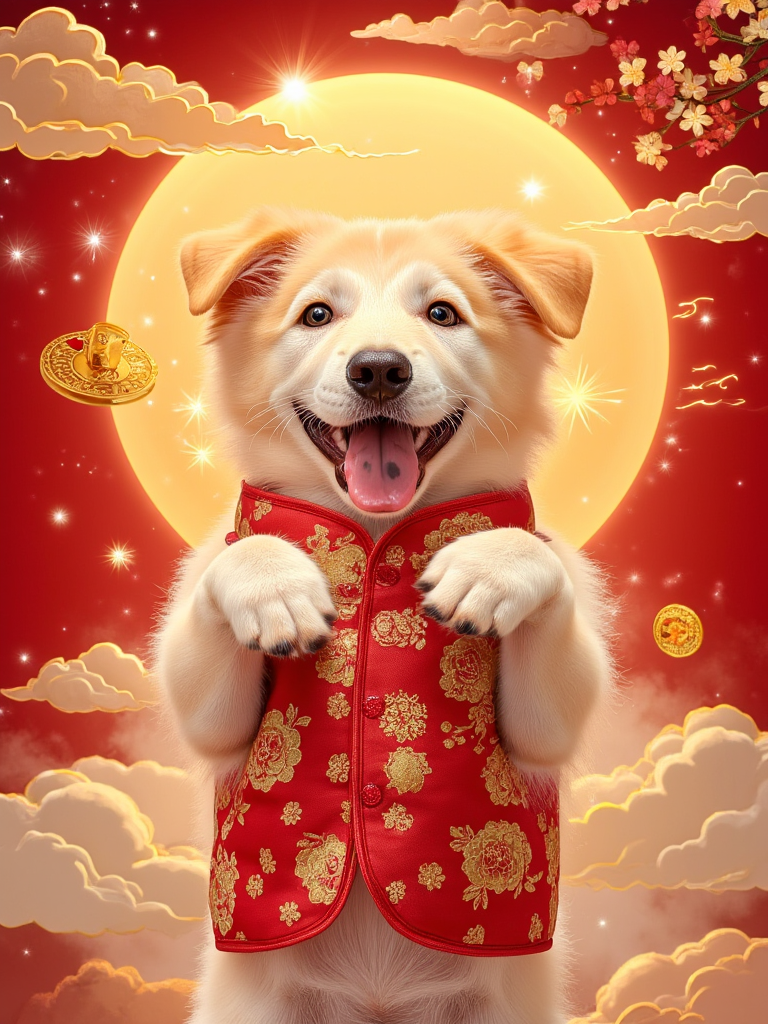 A heartwarming portrait of a golden mongrel (唐狗) standing on its hind legs with both front paws raised and crossed at chest level in the traditional blessing gesture, its friendly face beaming with joy while wearing a festive red silk vest embroidered with golden prosperity symbols. The dog's natural golden fur shimmers as it performs this classic greeting posture, creating an endearing blend of traditional celebration with playful canine charm , Around the dog, the scene transforms into a magical celebration: swirling clouds of good fortune symbols float in spirals, while traditional paper decorations dance in an ethereal breeze. Blooming plum blossoms and golden coins create a glowing arch above the dog's perfectly executed greeting pose, while its tail wags with enthusiasm, leaving trails of lucky sparkles
