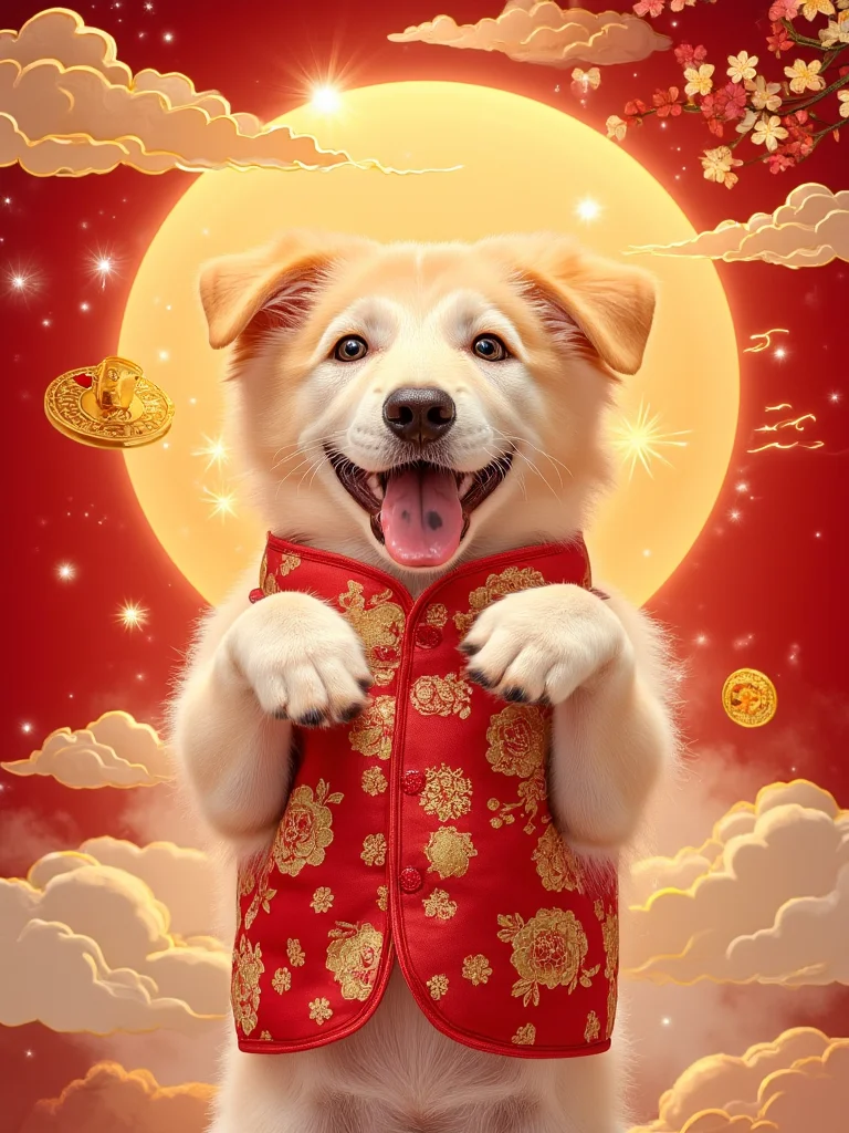 A heartwarming portrait of a golden mongrel (唐狗) standing on its hind legs with both front paws raised and crossed at chest level in the traditional blessing gesture, its friendly face beaming with joy while wearing a festive red silk vest embroidered with golden prosperity symbols. The dog's natural golden fur shimmers as it performs this classic greeting posture, creating an endearing blend of traditional celebration with playful canine charm , Around the dog, the scene transforms into a magical celebration: swirling clouds of good fortune symbols float in spirals, while traditional paper decorations dance in an ethereal breeze. Blooming plum blossoms and golden coins create a glowing arch above the dog's perfectly executed greeting pose, while its tail wags with enthusiasm, leaving trails of lucky sparkles