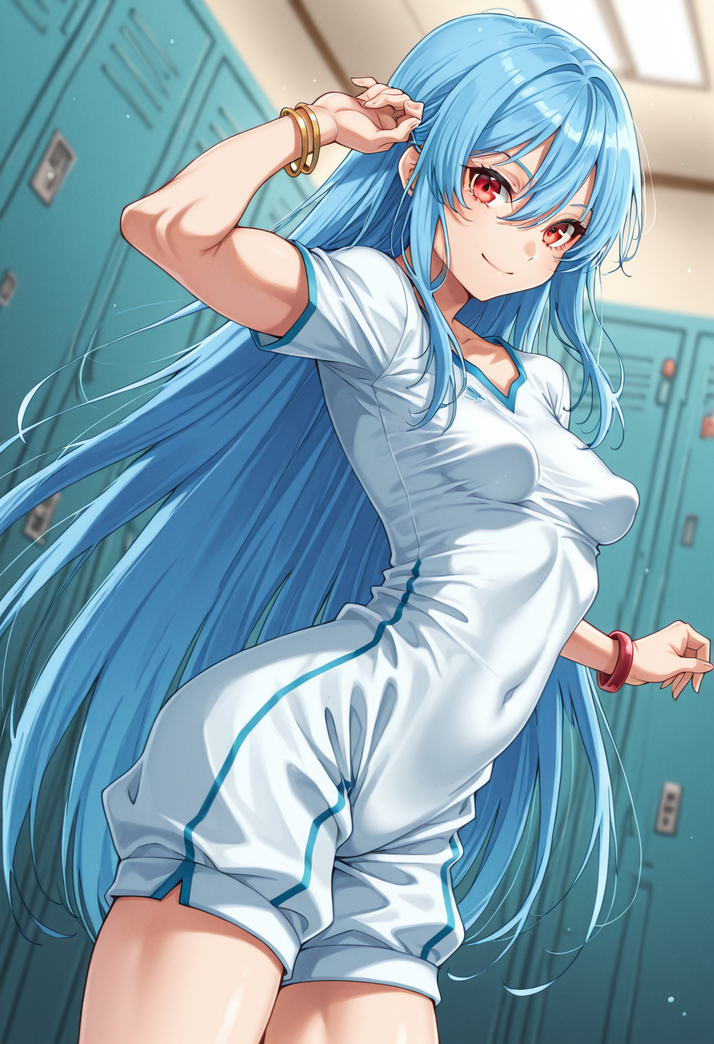 (detailed background:1.1), (bloom, depth of field, blurry background:1.2), from side , locker room , (dynamic pose:1.3), safe
BREAK,
(1girl, solo), blue  hair, very long  hair, straight hair , hair between eyes , red  eyes   , on back  , smile , curvy, musuclar female, toned , small breasts , pointy breasts ,
BREAK
romper  , bracelet  
<lora:Gegera_Style_Illustrious:1>