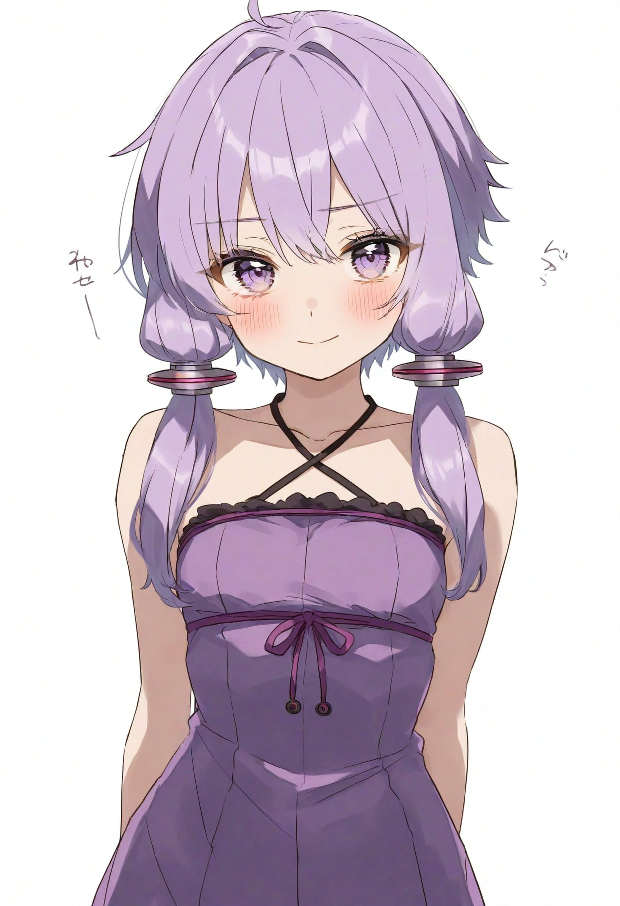 high definition, amazing quality, very aesthetic, best quality, masterpiece, highres, white background, simple background, 
1girl, solo, looking at viewer, yuzuki yukari, criss-cross halter, purple dress, flat chest,  <lora:hasei01_style_NoobAI_v1:1> hasei01,